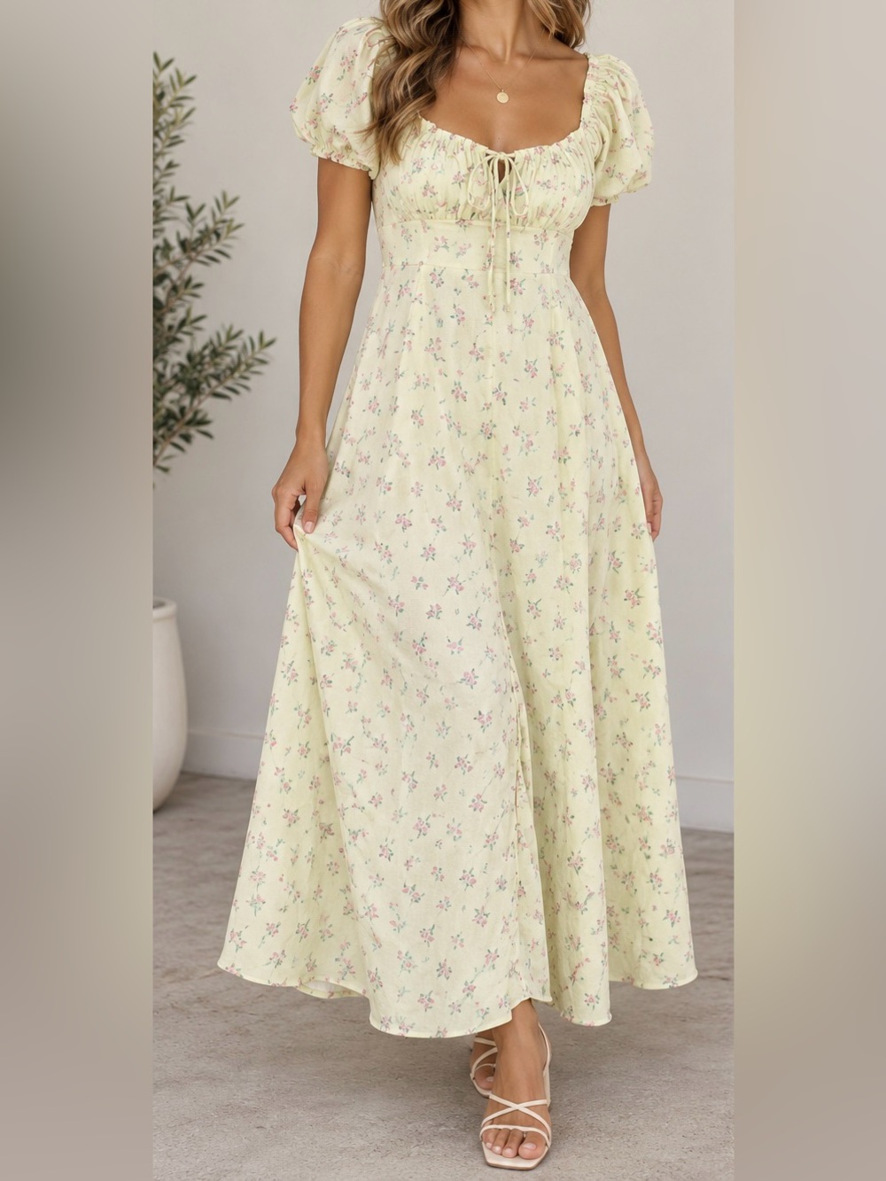 Women's Pale Yellow Floral Maxi Skirt Dress
